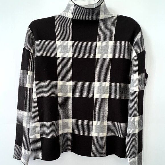 Max Studio Pullover Mock Neck Sweater, Black and White Block Plaid Print, Size L - Picture 3 of 13